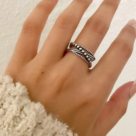 925 Sterling Silver Minimalist Twist Bead Ring Stackable Dainty Ring - Picture 3 of 5